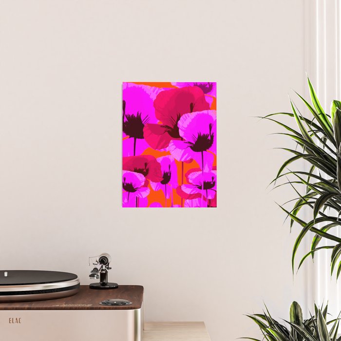 Pink And Red Poppies On A Orange Background - Summer Juicy Color Palette Retro Mood #decor #society6 Poster Gallery Image 2