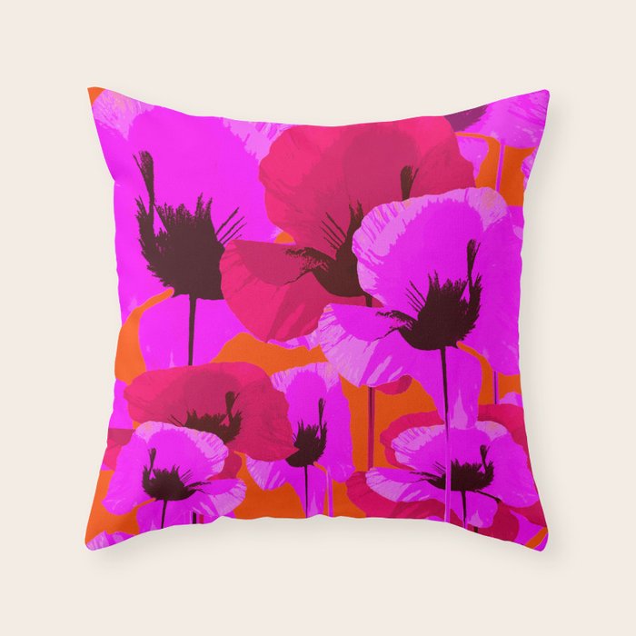 Pink And Red Poppies On A Orange Background - Summer Juicy Color Palette Retro Mood #decor #society6 Throw Pillow Gallery Image 1