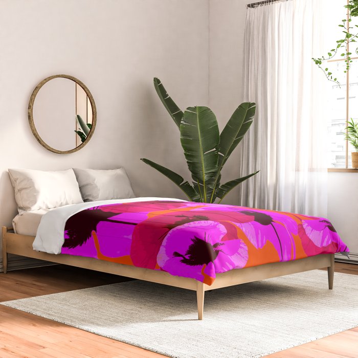 Pink And Red Poppies On A Orange Background - Summer Juicy Color Palette Retro Mood #decor #society6 Comforter Gallery Image 2