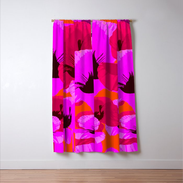 Pink And Red Poppies On A Orange Background - Summer Juicy Color Palette Retro Mood #decor #society6 Window Curtain Gallery Image 3