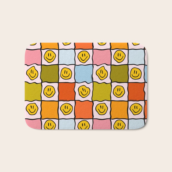 Rainbow Happy Face Checkered Print Bath Mat Gallery Image 1