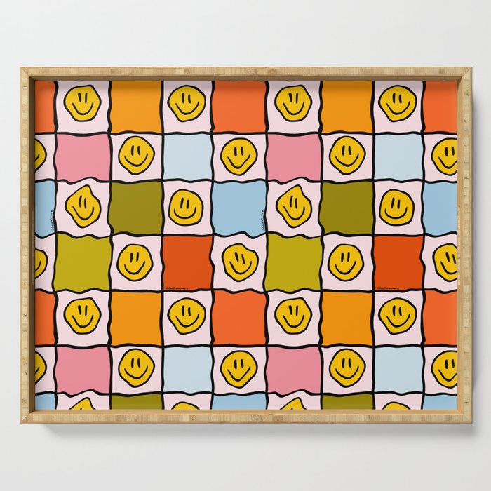 Rainbow Happy Face Checkered Print Serving Tray Gallery Image 1