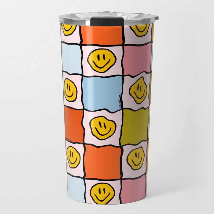 Rainbow Happy Face Checkered Print Travel Mug Gallery Image 1