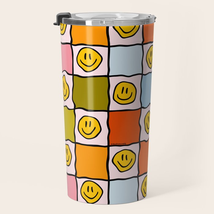 Rainbow Happy Face Checkered Print Travel Mug Gallery Image 3