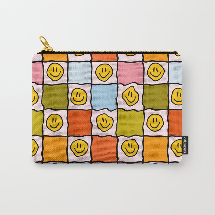 Rainbow Happy Face Checkered Print Carry All Pouch Gallery Image 1