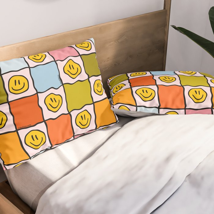 Rainbow Happy Face Checkered Print Pillow Sham Gallery Image 2