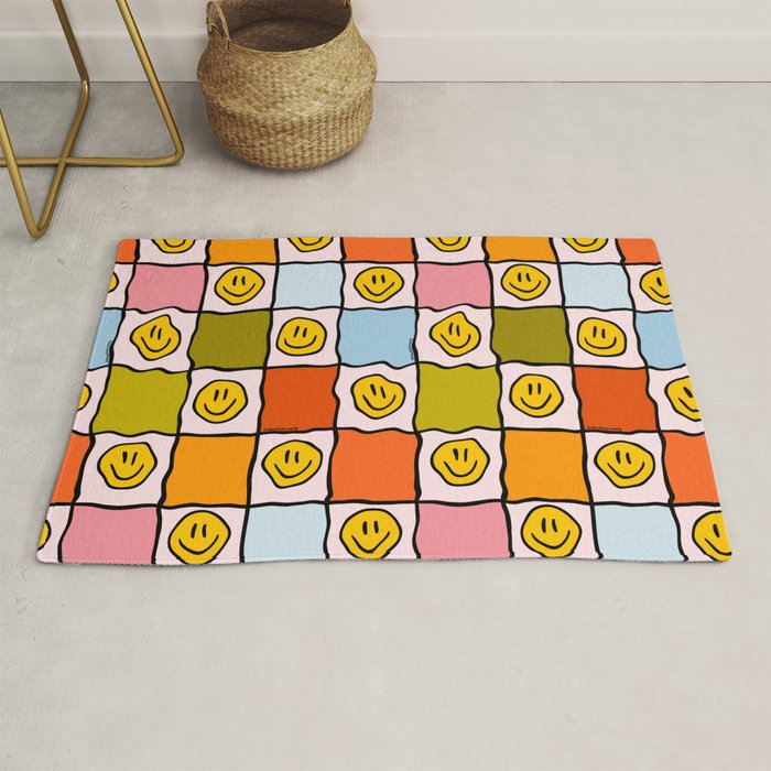 Rainbow Happy Face Checkered Print Rug Gallery Image 1