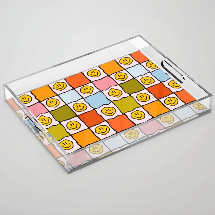 Rainbow Happy Face Checkered Print Acrylic Tray Gallery Image 1
