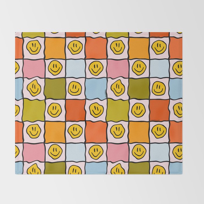 Rainbow Happy Face Checkered Print Throw Blanket Gallery Image 2