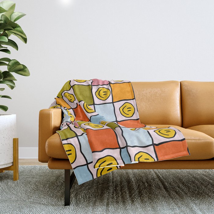 Rainbow Happy Face Checkered Print Throw Blanket Gallery Image 1