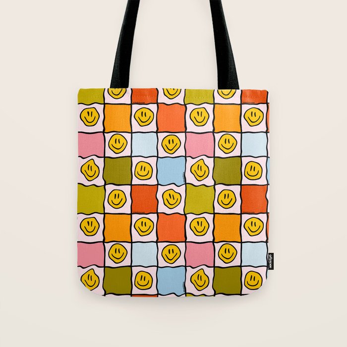 Rainbow Happy Face Checkered Print Tote Bag Gallery Image 1