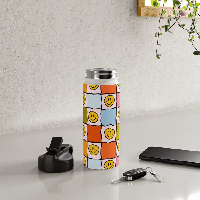 Rainbow Happy Face Checkered Print Water Bottle Gallery Image 4
