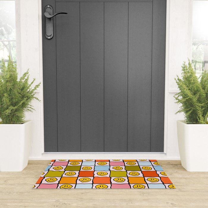 Rainbow Happy Face Checkered Print Welcome Mat Gallery Image 3