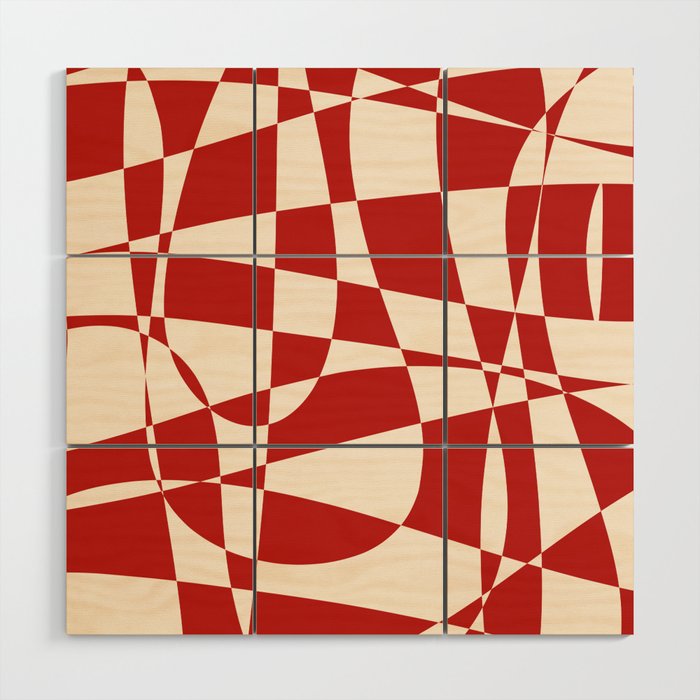 Deconstructed Harlequin Midcentury Modern Abstract Pattern in Retro Red and Almond Cream Wood Wall Art Gallery Image 1