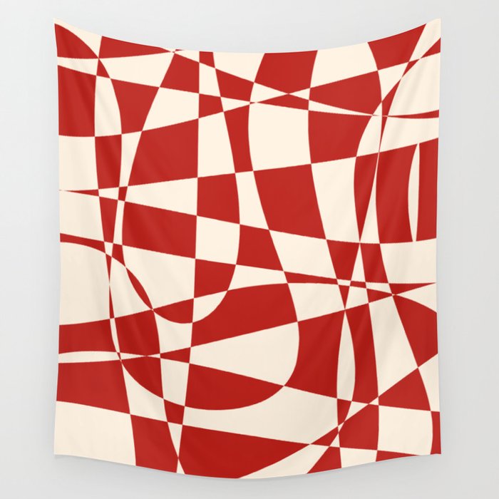 Deconstructed Harlequin Midcentury Modern Abstract Pattern in Retro Red and Almond Cream Wall Tapestry Gallery Image 4