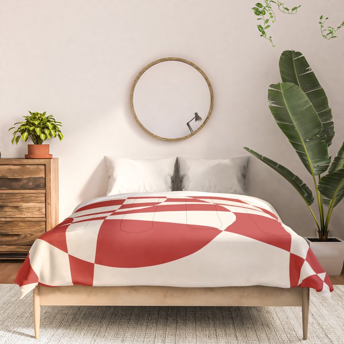 Deconstructed Harlequin Midcentury Modern Abstract Pattern in Retro Red and Almond Cream Comforter Gallery Image 3