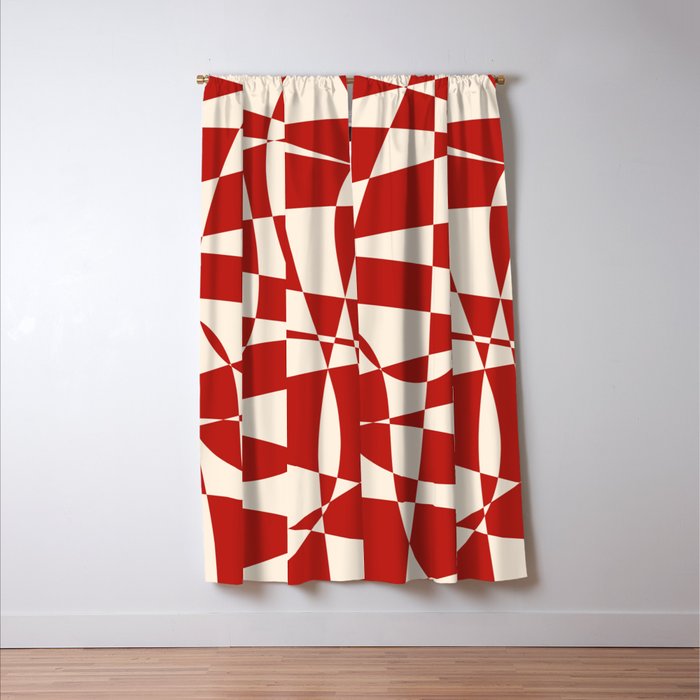 Deconstructed Harlequin Midcentury Modern Abstract Pattern in Retro Red and Almond Cream Window Curtain Gallery Image 3