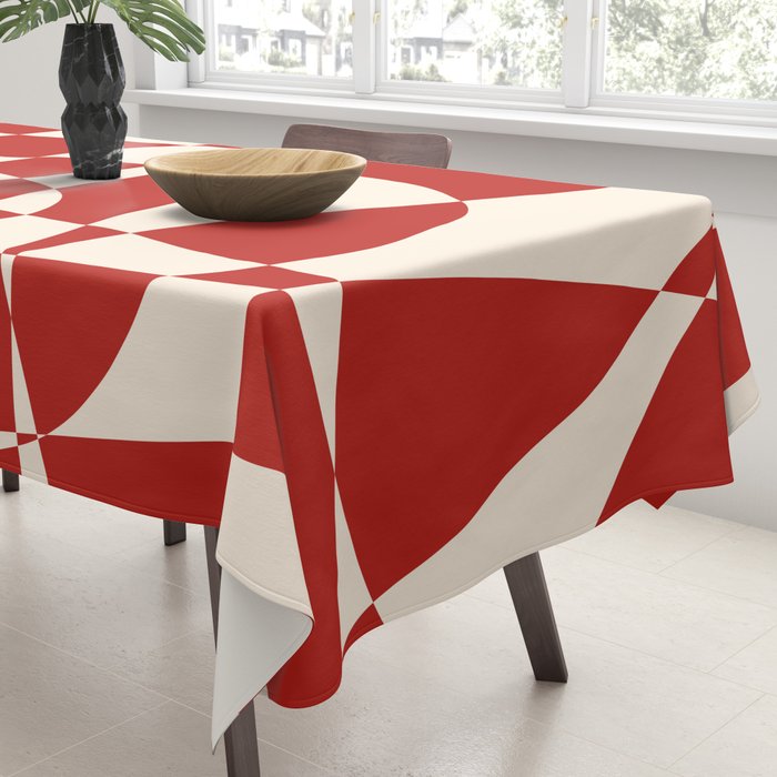 Deconstructed Harlequin Midcentury Modern Abstract Pattern in Retro Red and Almond Cream Tablecloth Gallery Image 3