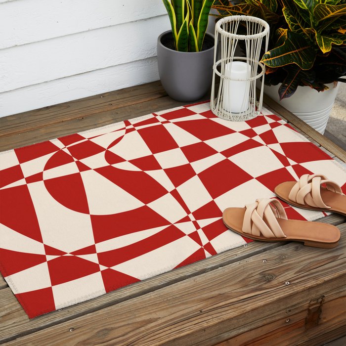 Deconstructed Harlequin Midcentury Modern Abstract Pattern in Retro Red and Almond Cream Outdoor Rug Gallery Image 2