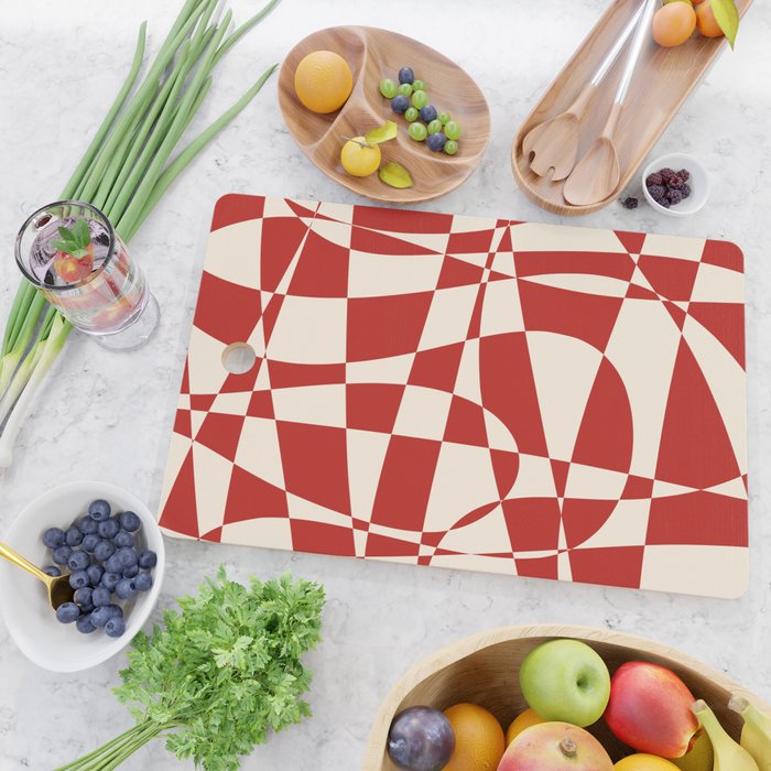 Deconstructed Harlequin Midcentury Modern Abstract Pattern in Retro Red and Almond Cream Cutting Board Gallery Image 2
