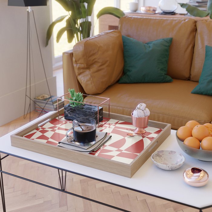 Deconstructed Harlequin Midcentury Modern Abstract Pattern in Retro Red and Almond Cream Serving Tray Gallery Image 2