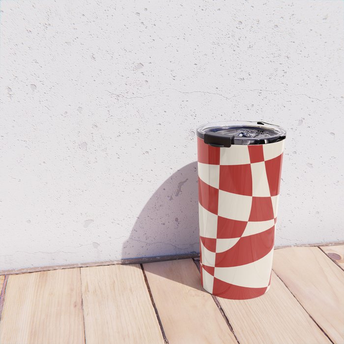Deconstructed Harlequin Midcentury Modern Abstract Pattern in Retro Red and Almond Cream Travel Mug Gallery Image 4
