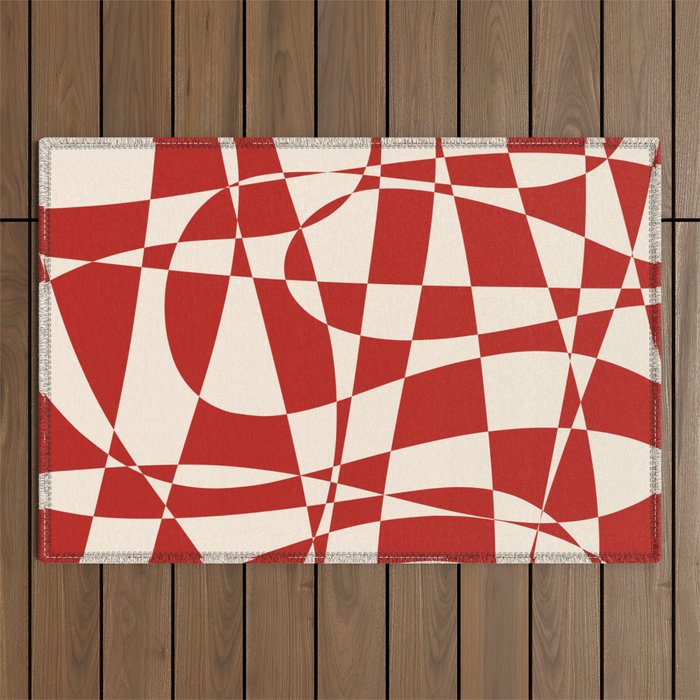 Deconstructed Harlequin Midcentury Modern Abstract Pattern in Retro Red and Almond Cream Outdoor Rug Gallery Image 1