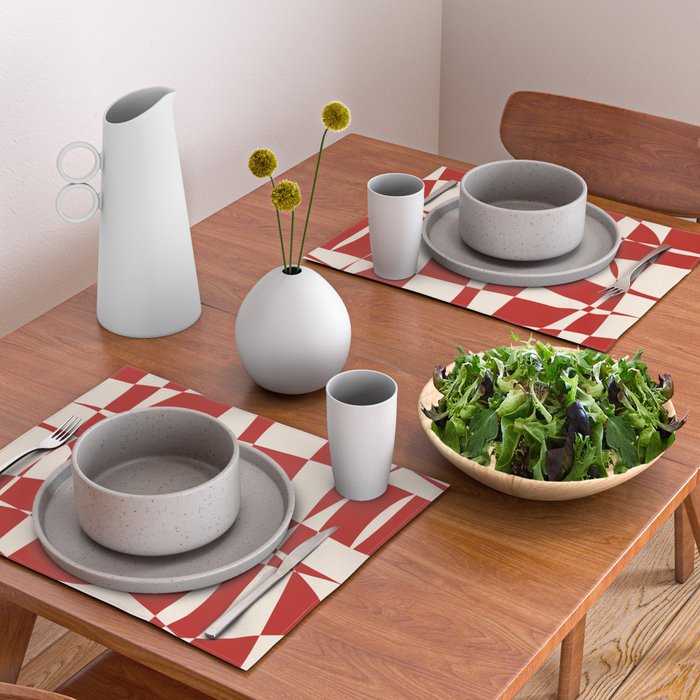 Deconstructed Harlequin Midcentury Modern Abstract Pattern in Retro Red and Almond Cream Placemat Gallery Image 2