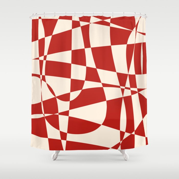 Deconstructed Harlequin Midcentury Modern Abstract Pattern in Retro Red and Almond Cream Shower Curtain Gallery Image 1