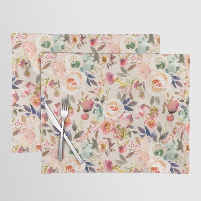 Hand painted ivory pink brown watercolor country floral Placemat Gallery Image 1