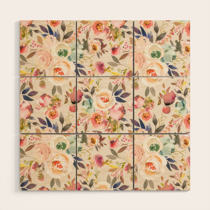 Hand painted ivory pink brown watercolor country floral Wood Wall Art Gallery Image 1