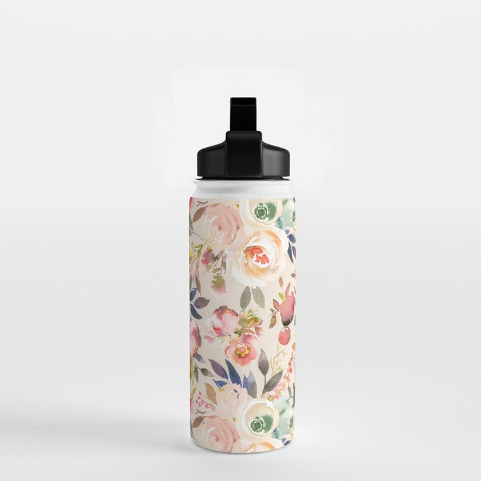 Hand painted ivory pink brown watercolor country floral Water Bottle Gallery Image 2
