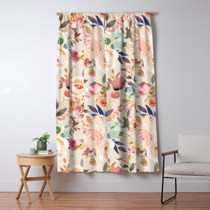 Hand painted ivory pink brown watercolor country floral Window Curtain Gallery Image 1