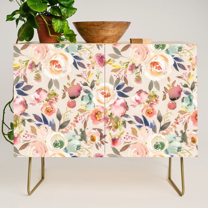 Hand painted ivory pink brown watercolor country floral Credenza Gallery Image 1