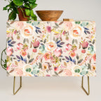 Hand painted ivory pink brown watercolor country floral Credenza Gallery Image 1