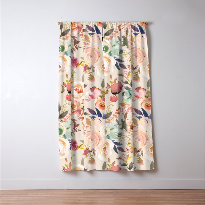 Hand painted ivory pink brown watercolor country floral Window Curtain Gallery Image 3