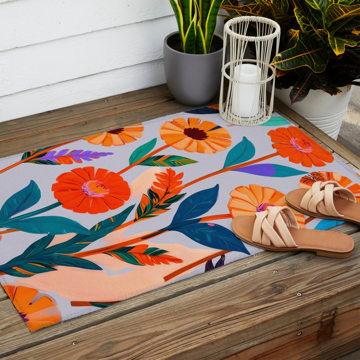 Marigold Celebration, Floral Nature, Botanical Flowers, Blossom Garden Bloom Summer India, Festival Celebrate Plants Leaves, Bohemian Illustration Painting Outdoor Rug Gallery Image 2