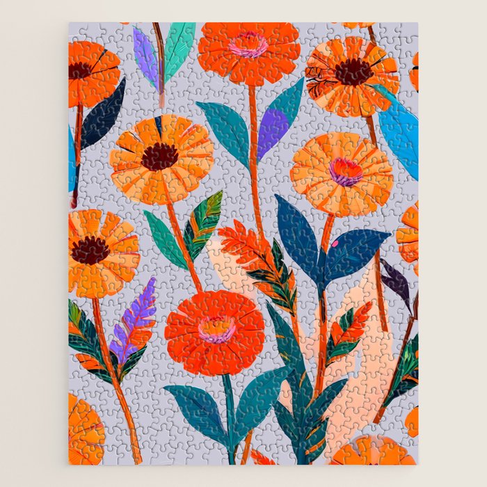 Marigold Celebration, Floral Nature, Botanical Flowers, Blossom Garden Bloom Summer India, Festival Celebrate Plants Leaves, Bohemian Illustration Painting Jigsaw Puzzle Gallery Image 1
