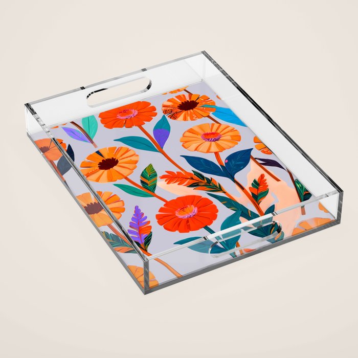 Marigold Celebration, Floral Nature, Botanical Flowers, Blossom Garden Bloom Summer India, Festival Celebrate Plants Leaves, Bohemian Illustration Painting Acrylic Tray Gallery Image 1