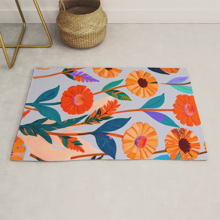 Marigold Celebration, Floral Nature, Botanical Flowers, Blossom Garden Bloom Summer India, Festival Celebrate Plants Leaves, Bohemian Illustration Painting Rug Gallery Image 1