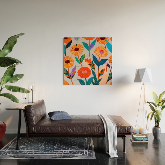 Marigold Celebration, Floral Nature, Botanical Flowers, Blossom Garden Bloom Summer India, Festival Celebrate Plants Leaves, Bohemian Illustration Painting Wood Wall Art Gallery Image 2