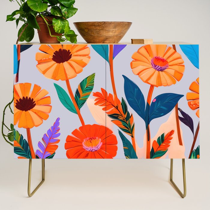 Marigold Celebration, Floral Nature, Botanical Flowers, Blossom Garden Bloom Summer India, Festival Celebrate Plants Leaves, Bohemian Illustration Painting Credenza Gallery Image 1