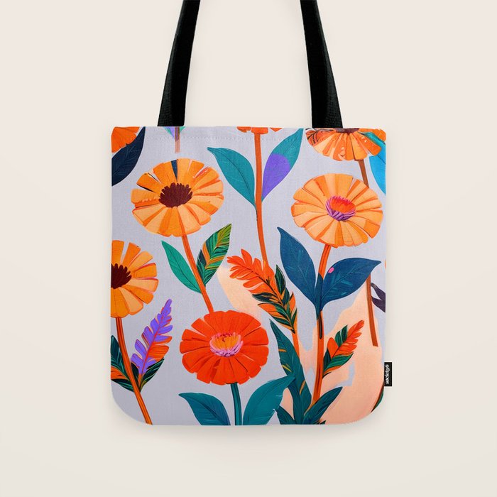 Marigold Celebration, Floral Nature, Botanical Flowers, Blossom Garden Bloom Summer India, Festival Celebrate Plants Leaves, Bohemian Illustration Painting Tote Bag Gallery Image 1