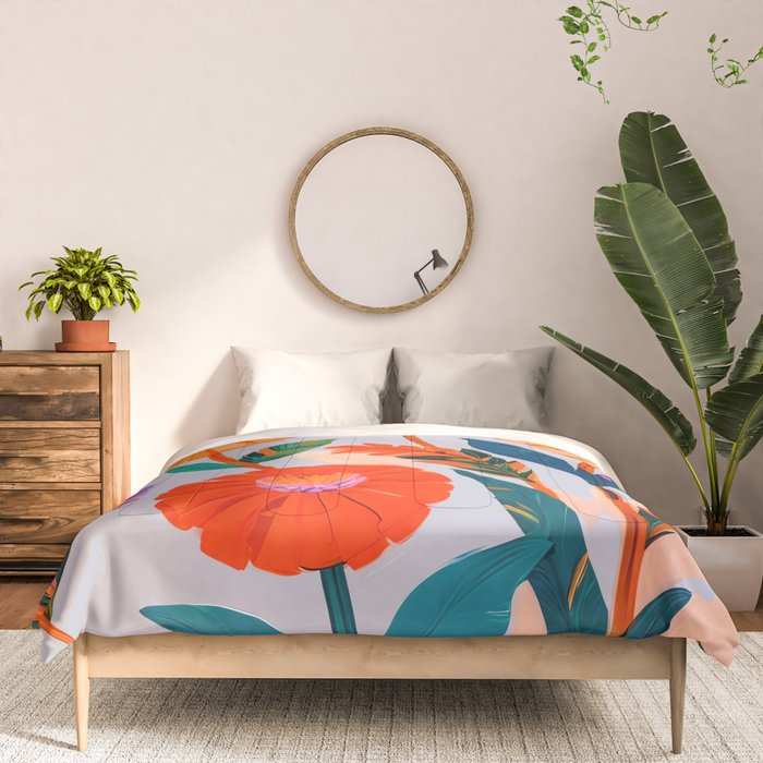 Marigold Celebration, Floral Nature, Botanical Flowers, Blossom Garden Bloom Summer India, Festival Celebrate Plants Leaves, Bohemian Illustration Painting Comforter Gallery Image 3
