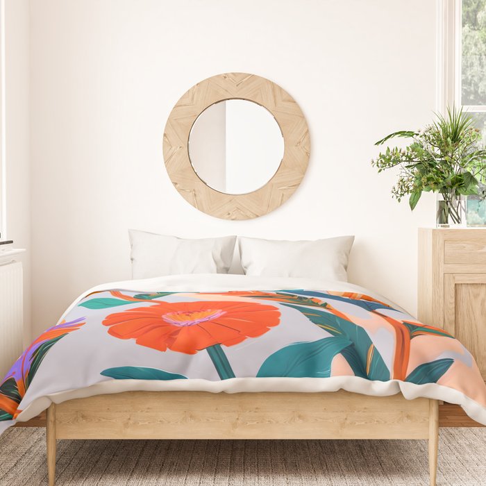 Marigold Celebration, Floral Nature, Botanical Flowers, Blossom Garden Bloom Summer India, Festival Celebrate Plants Leaves, Bohemian Illustration Painting Duvet Cover Gallery Image 3