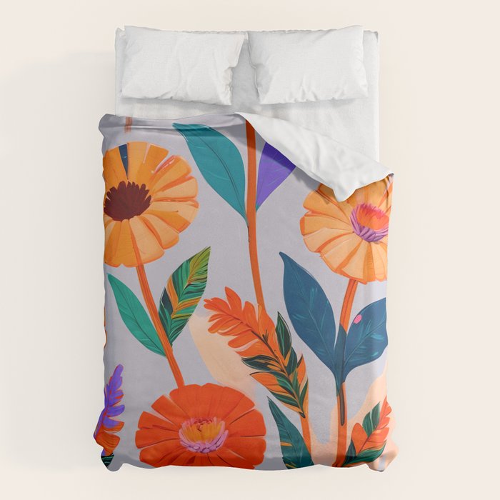 Marigold Celebration, Floral Nature, Botanical Flowers, Blossom Garden Bloom Summer India, Festival Celebrate Plants Leaves, Bohemian Illustration Painting Duvet Cover Gallery Image 1