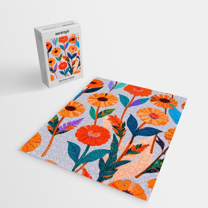 Marigold Celebration, Floral Nature, Botanical Flowers, Blossom Garden Bloom Summer India, Festival Celebrate Plants Leaves, Bohemian Illustration Painting Jigsaw Puzzle Gallery Image 2