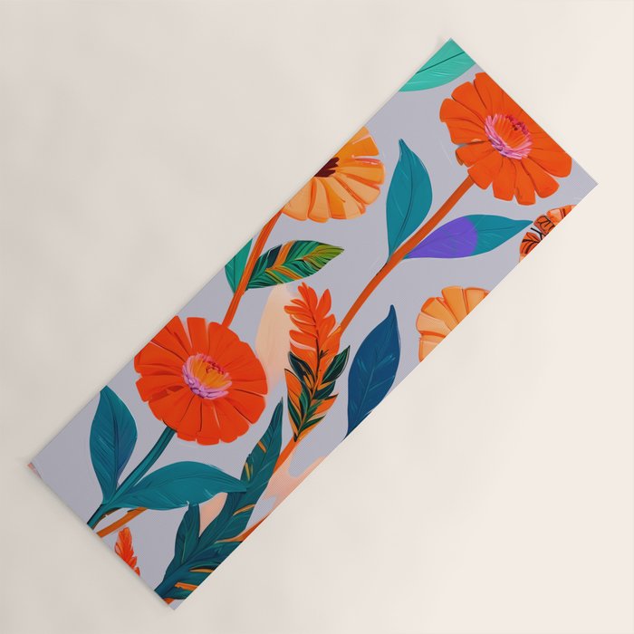 Marigold Celebration, Floral Nature, Botanical Flowers, Blossom Garden Bloom Summer India, Festival Celebrate Plants Leaves, Bohemian Illustration Painting Yoga Mat Gallery Image 1