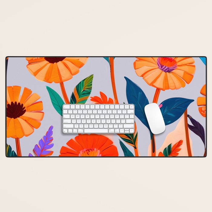 Marigold Celebration, Floral Nature, Botanical Flowers, Blossom Garden Bloom Summer India, Festival Celebrate Plants Leaves, Bohemian Illustration Painting Desk Mat Gallery Image 1