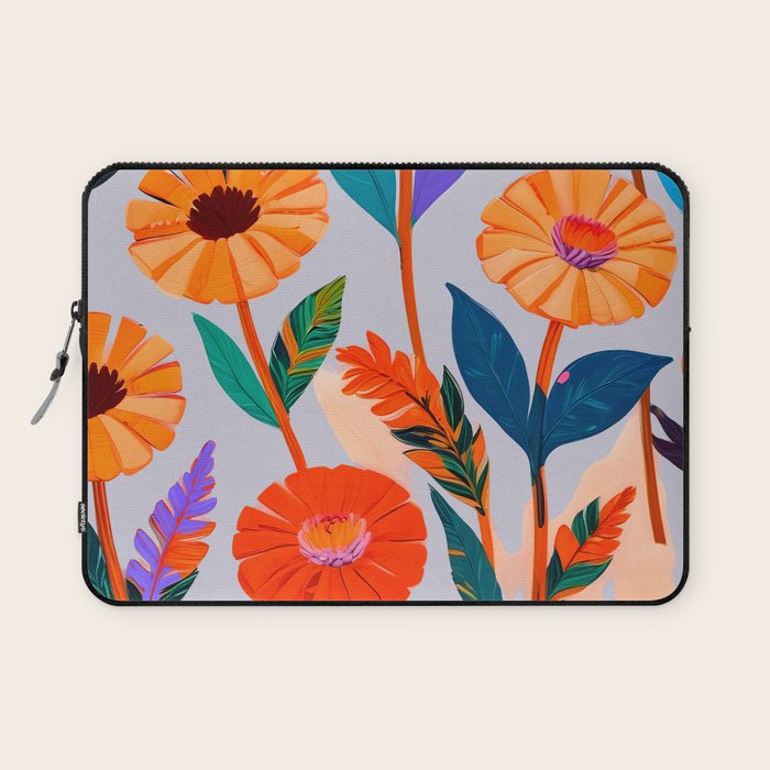Marigold Celebration, Floral Nature, Botanical Flowers, Blossom Garden Bloom Summer India, Festival Celebrate Plants Leaves, Bohemian Illustration Painting Laptop Sleeve Gallery Image 1